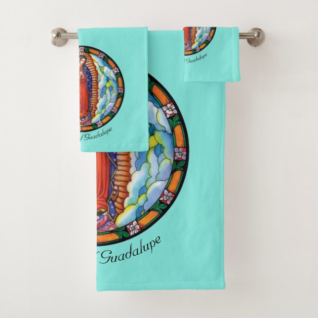Our Lady of Guadalupe Turquoise Bath Towel Set (Insitu)