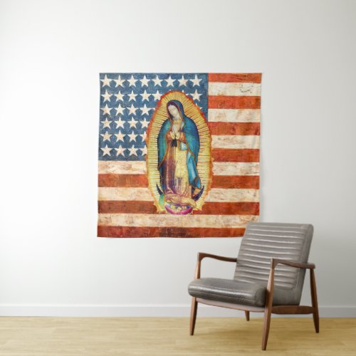 Our Lady of Guadalupe  USA United States Flag Tapestry