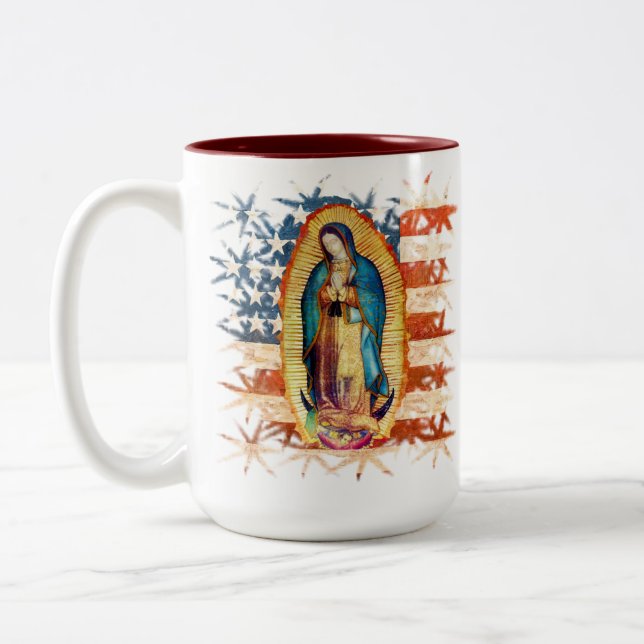 Our Lady of Guadalupe Virgin Mary Catholic Bandera Two-Tone Coffee Mug (Left)