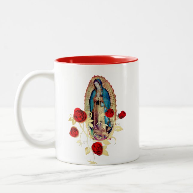 Our Lady of Guadalupe Virgin Mary Red Roses  Two-Tone Coffee Mug (Left)