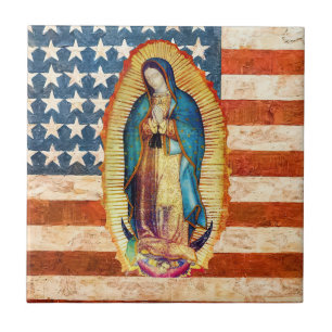 Our Lady of Guadalupe Virgin Mary USA Flag Ceramic Tile