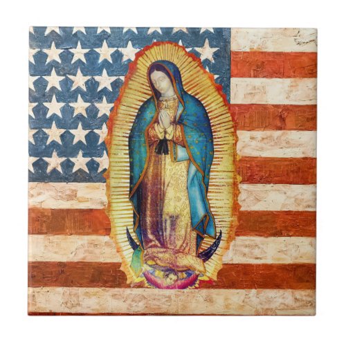 Our Lady of Guadalupe Virgin Mary USA Flag  Ceramic Tile