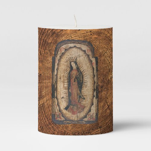 Our Lady of Guadalupe Virgin Mary Wood Look Pillar Candle