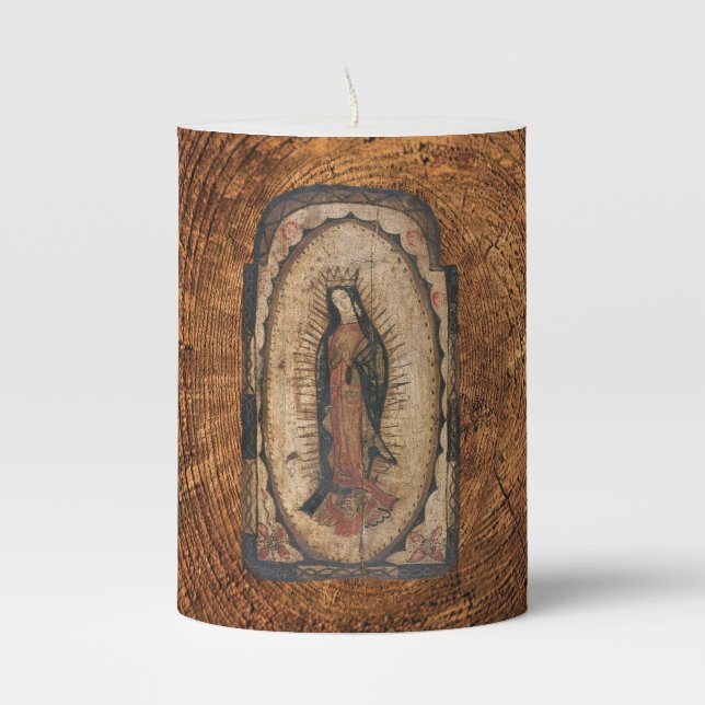 Our Lady of Guadalupe Virgin Mary Wood Look Pillar Candle (Front)