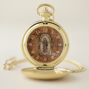 Our Lady of Guadalupe Virgin Mary Wood Look Pocket Watch