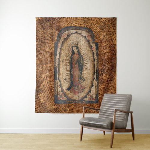 Our Lady of Guadalupe Virgin Mary Wood Look  Tapestry