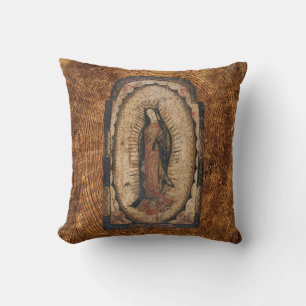 Our Lady of Guadalupe Virgin Mary Wood Look Throw Pillow