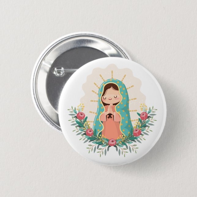 Our Lady of Guadalupe with flowers Kawaii Style Button (Front & Back)