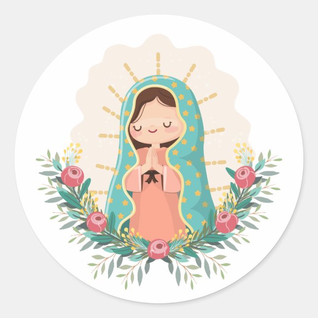 Our Lady of Guadalupe with flowers Kawaii Style Classic Round Sticker (Front)