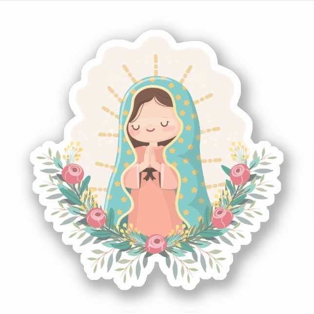 Our Lady of Guadalupe with flowers Kawaii Style Sticker (Front)