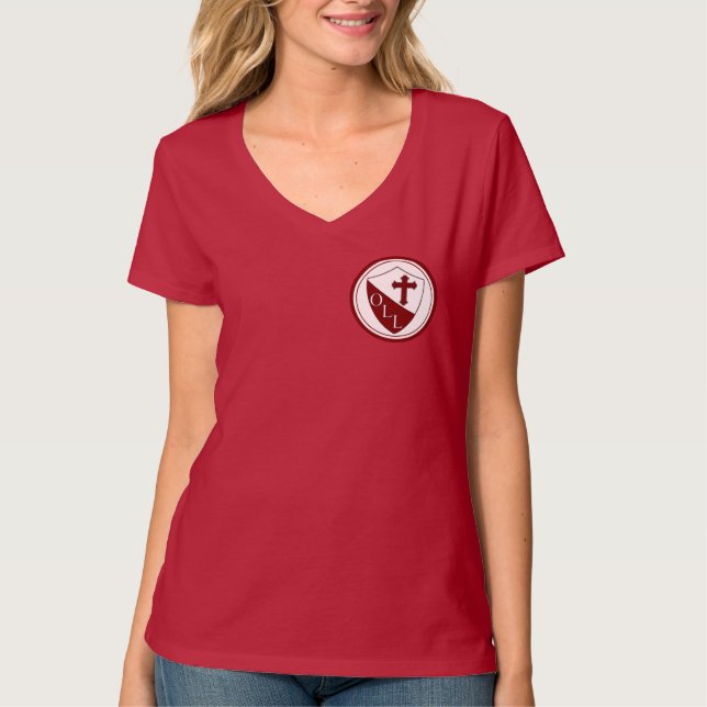 Our Lady of Lourdes Ladies Hanes Vneck Front Logo T-Shirt (Front)