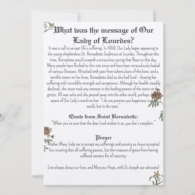 Our Lady of Lourdes Prayer card (Back)