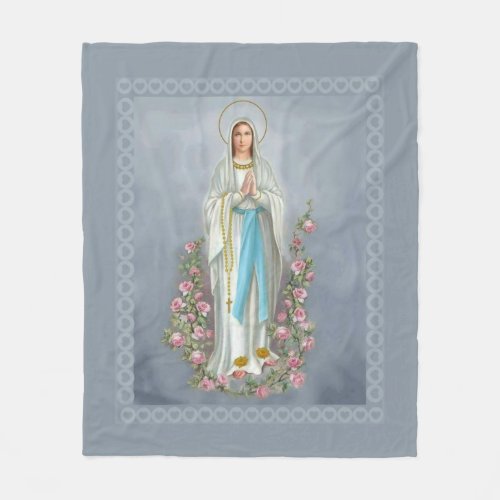 Our Lady of Lourdes Rosary Virgin Mary Roses Fleece Blanket