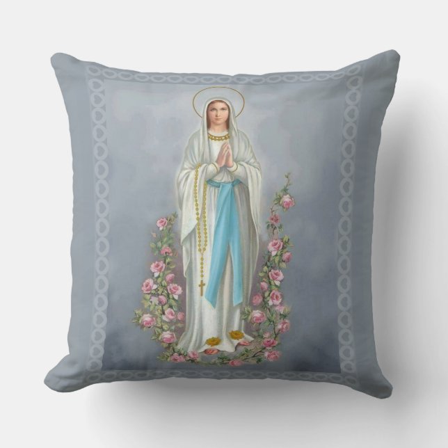 Our Lady of Lourdes Rosary Virgin Mary Roses Throw Pillow (Front)