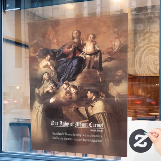 Our Lady of Mount Carmel Prayer Window Cling (Cafe Window)