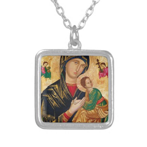 Our Lady of Perpetual Help Virgin of Vladimir Silver Plated Necklace