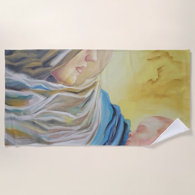 Our Lady of Silence holding baby Jesus Beach Towel (Front)