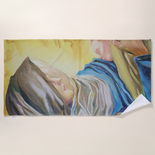 Our Lady of Silence holding baby Jesus Beach Towel (Front)
