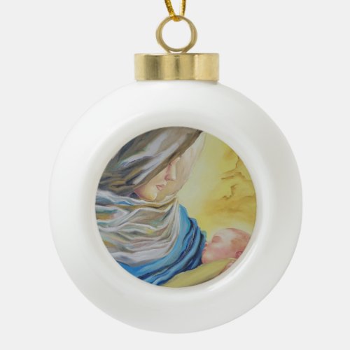 Our Lady of Silence holding baby Jesus Ceramic Ball Christmas Ornament