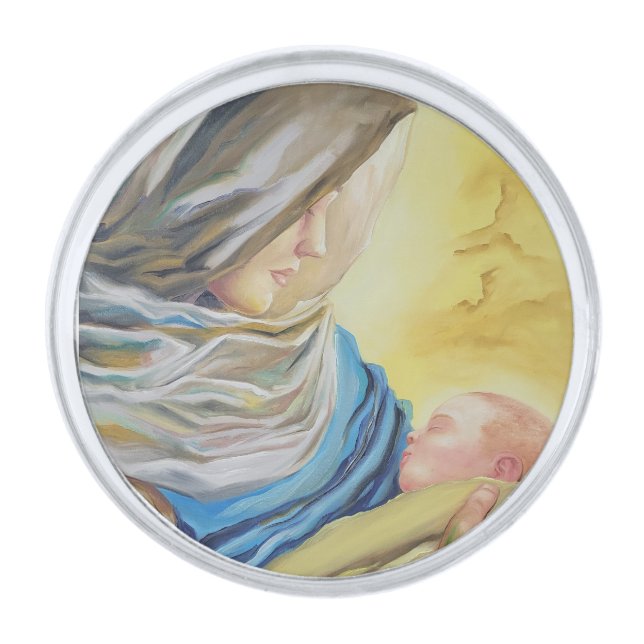 Our Lady of Silence holding baby Jesus Silver Finish Lapel Pin (Front)