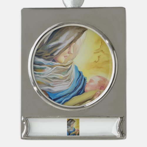 Our Lady of Silence holding baby Jesus Silver Plated Banner Ornament