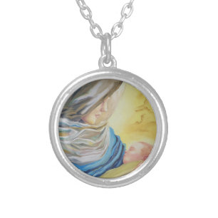 Our Lady of Silence holding baby Jesus Silver Plated Necklace