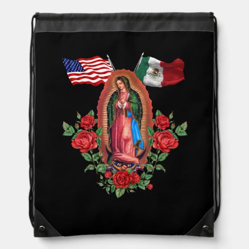 Our Lady Virgen De Guadalupe Mexican American Flag Drawstring Bag