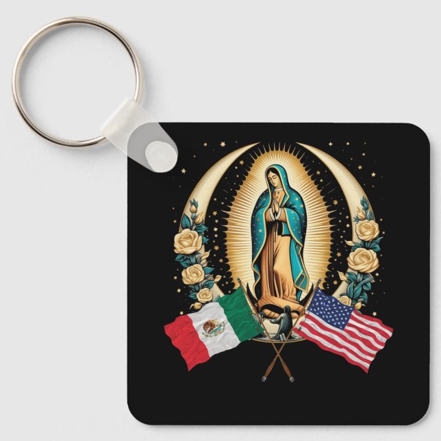 Our Lady Virgen De Guadalupe Mexican American Flag Keychain (Front)