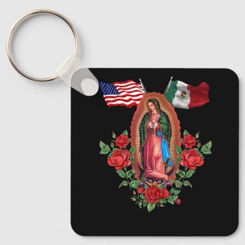 Our Lady Virgen De Guadalupe Mexican American Flag Keychain