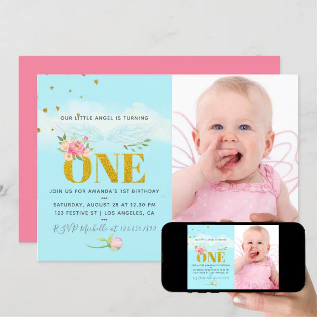 Our Little Angel 1st Birthday Baby Girl Party Invitation | Zazzle