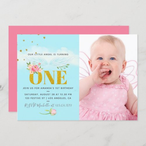 Our Little Angel 1st Birthday Baby Girl Party Invitation