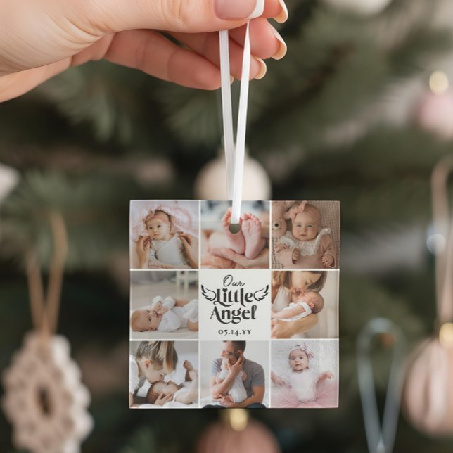 Our Little Angel Newborn Baby Photo Grid Collage Glass Ornament (Our Little Angel Newborn Baby Photo Grid Collage Glass Ornament)