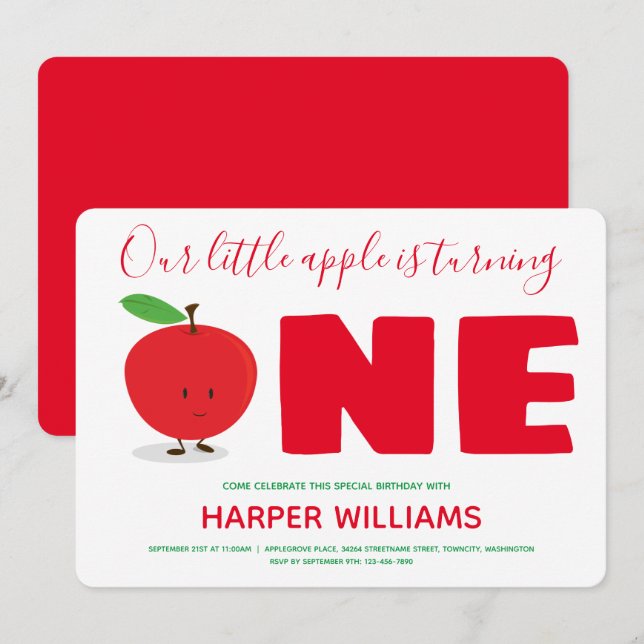 Our Little Apple Turning One First Birthday Red Invitation (Front/Back)