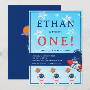 Our Little Astronaut Turns One! Space Birthday  In Invitation