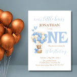 Our Little Bear Hot Air Balloon 1st Birthday Invitation<br><div class="desc">These cute birthday party invitations feature a cute watercolor teddy bear in hot air balloon with blue hearts. Personalize the birthday party invites by adding your child's name,  age,  and party details.</div>