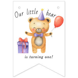 Our Little Bear is turning one Kids Birthday Bunting Flags