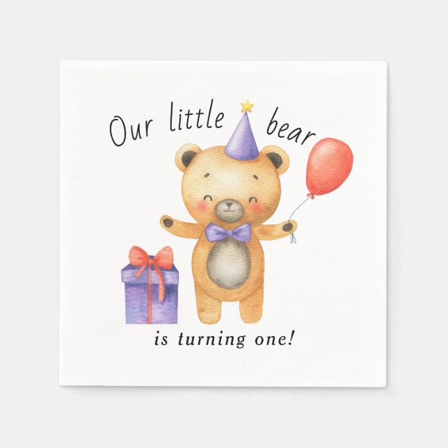 Our Little Bear is turning one Kids Birthday Napkins (Front)