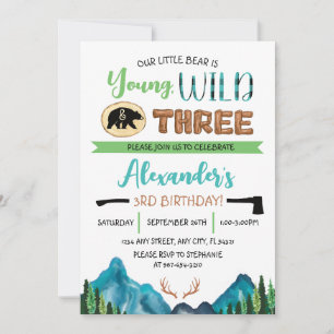 Our Little Bear is Young, Wild & Three Birthday Invitation