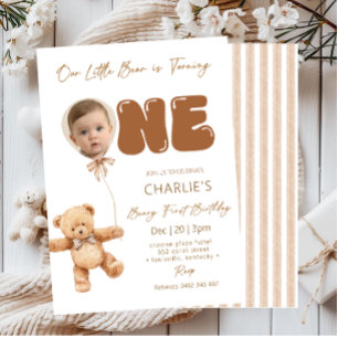Our Little Bear Neutral with Photo 1st Birthday  Invitation