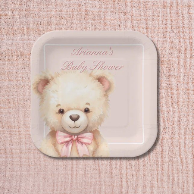 Our Little Bear on the Way Pink Bow Baby Shower Paper Plates (Creator Uploaded)