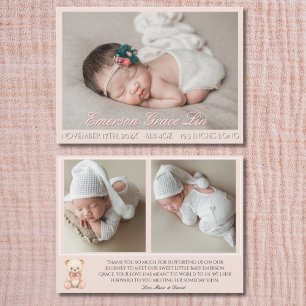 Our Little Bear Pink 3 Photo Birth Announcement