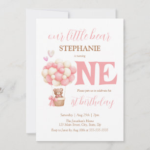 Our Little Bear Pink Hot Air Balloon 1st Birthday Invitation