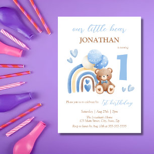 Our Little Bear Rainbow Balloon 1st Birthday Invitation