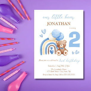 Our Little Bear Rainbow Balloon 2nd Birthday Invitation