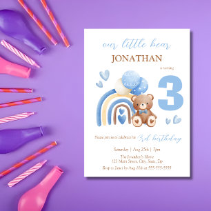 Our Little Bear Rainbow Balloon 3rd Birthday Invitation