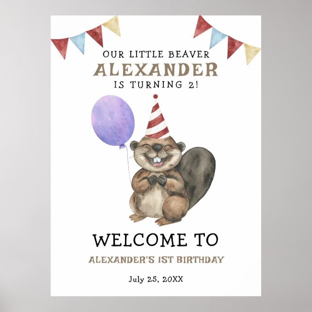 Our Little Beaver 2nd Birthday Party Welcome Poster (Front)