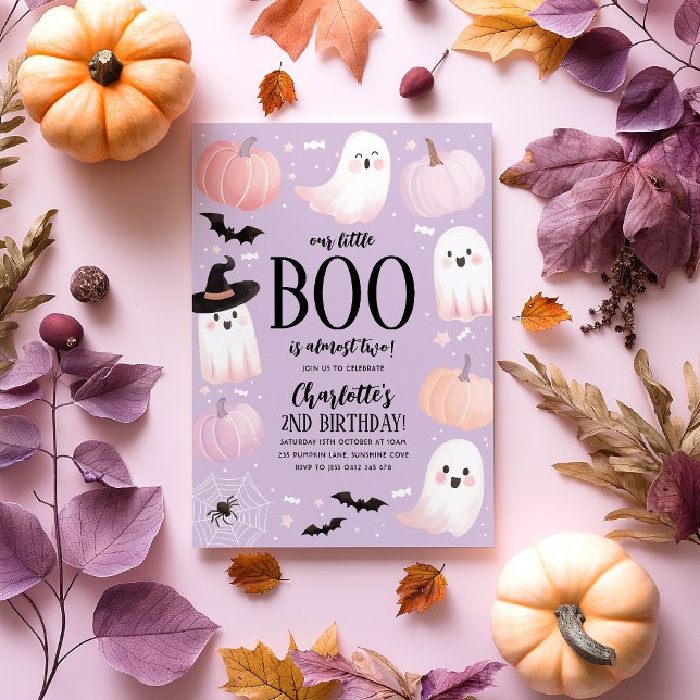 Our little Boo 2nd Birthday Invitation Halloween (Our Little Boo is turning 2! Halloween themed birthday party invitation in pastel purple and pinks)