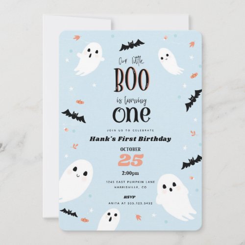 Our Little Boo Blue Halloween First Birthday  Invitation