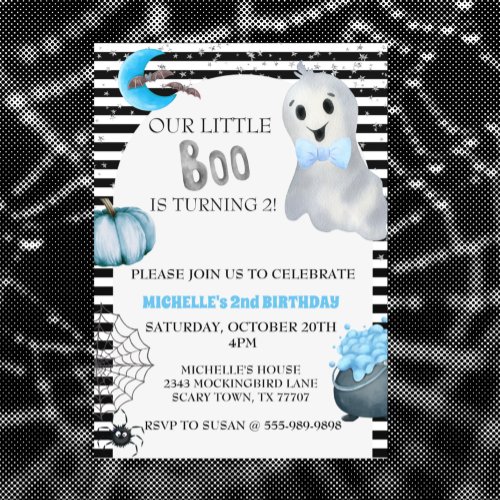 Our little Boo Cute Ghost Blue Birthday party  Invitation