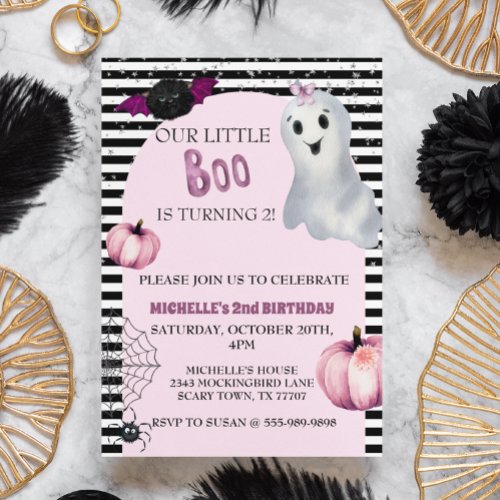 Our little Boo Cute Ghost Pink Birthday party Invitation